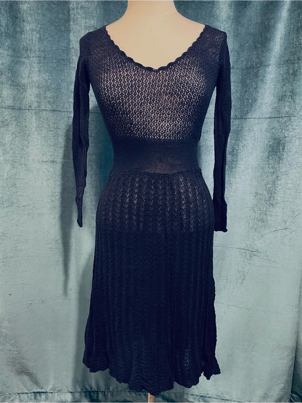 Sparrow Anthropologie Navy Blue Crochet Long-Sleeve Dress